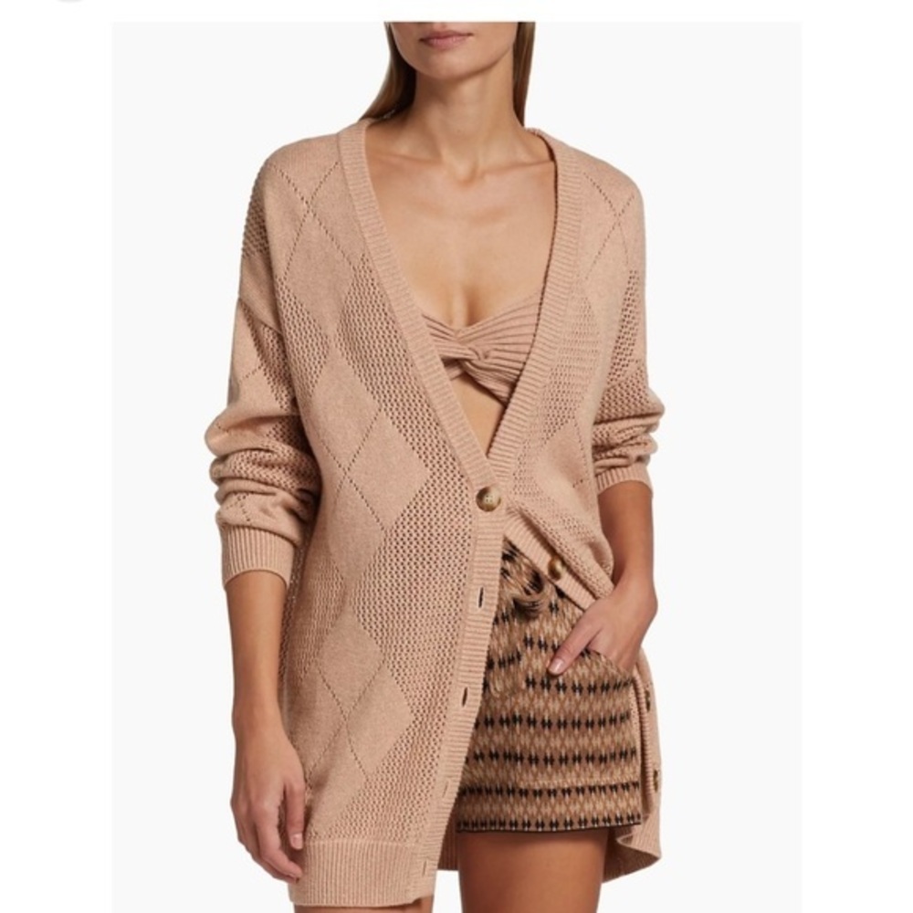 NAADAM Pointelle Knit Argyle Cardigan Women Large Pink Cotton Cashmere NWT Sz XS